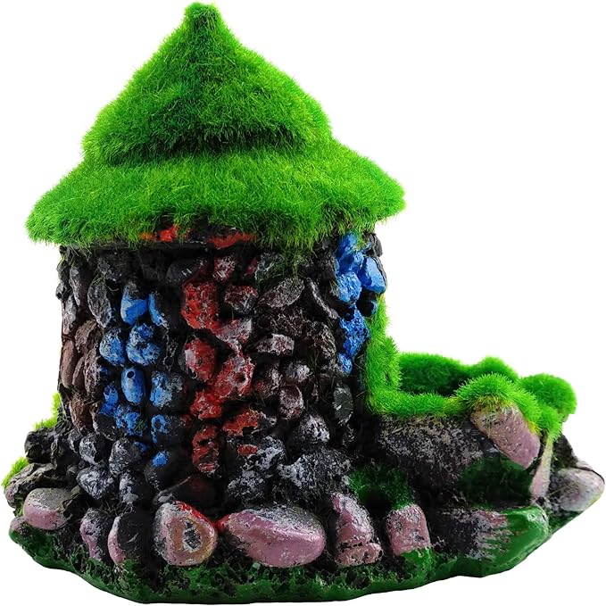 M2cbridge Aquarium Decorations Fish Hideout House Betta Cave with Green Lifelike Moss (Style 1)
