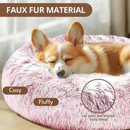 JOLLYVOGUE Dog Bed Cat Bed, Anti-Anxiety Small Dog Bed, Calming Donut Dog Bed for Puppy, Cozy Cat Bed, Fluffy Dog Beds for Small Dogs, Washable Round Puppy Bed for Indoor Pets (20"/Smoke Pink