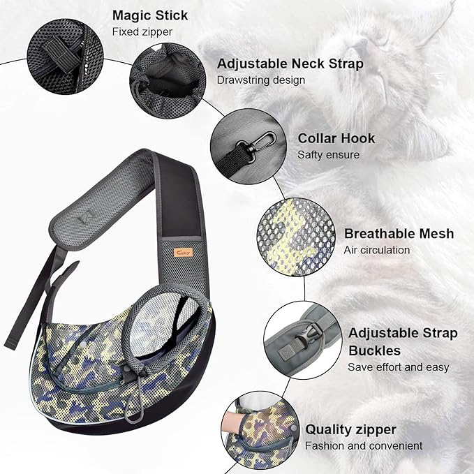 Cuby Pet Dog Sling Carrier for Small Dogs Cats Breathable Mesh Travel Safe Sling Bag Carrier for Dogs Cats Puppy (M Camouflage)