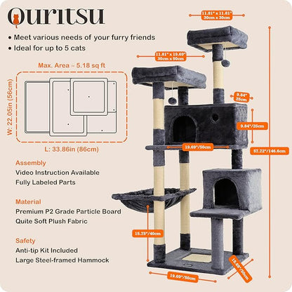 Ouritsu Cat Tree, 57 inch Cat Tower for Large Cat Indoor, 2 Top Perches with 1 Widened, 2 Condos with 1 Enlarged, Steel Frame Hammock, Scratching Posts and Scratching Pad, Dark Gray, LF003DG