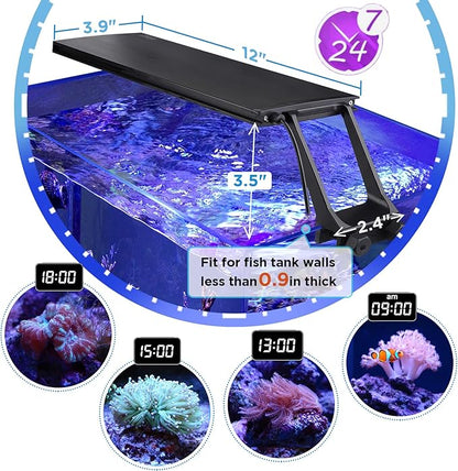 hygger Clip On 24/7 Saltwater Aquarium LED Light, 22W Sunrise-Daylight-Moonlight Mode and DIY Mode, Adjustable Timer Adjustable Brightness Fish Tank Light with 7 Colors for Coral Marine Tank