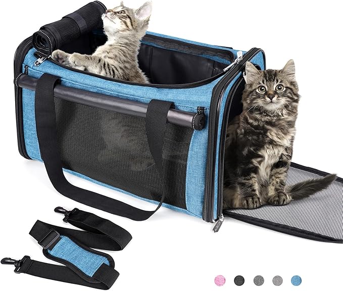 YUDODO 25 lbs Lightproof Pet Carriers Airline Approved Dog Cat Travel Soft Sided Carrier Reflective Mesh Safe Pet Cat Carrier Foldable Portable Small Animal Rabbit Puppy Cat Carrier (Large, Lake blue)