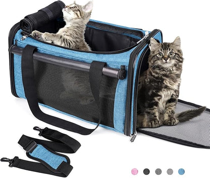 YUDODO 25 lbs Lightproof Pet Carriers Airline Approved Dog Cat Travel Soft Sided Carrier Reflective Mesh Safe Pet Cat Carrier Foldable Portable Small Animal Rabbit Puppy Cat Carrier (Large, Lake blue)