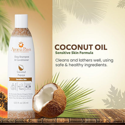 Dog Shampoo and Conditioner - Aromatic Tearless Shampoo for Cleansing, Grooming, and Conditioning Sensitive Skin - Moisturizing Shampoo for Dogs and Puppies - Coconut Papaya 13.5 oz