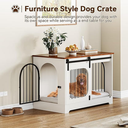 Dog Crate Furniture, 39.4" Dog Kennel for Dogs Up to 70 Lb, with Bed Mat, Heavy-Duty Dog Cage End Table, Three Doors Dog House, White/Brown