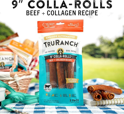 TRURANCH Collagen Rolls - 9" Collagen Rolls for Dogs - Long Lasting Healthy Joint Support - Rawhide Alternative - Skin & Coat Health - Made with Real Beef, Value Pack, 15 Bags, 45 Count