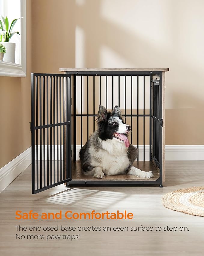 Feandrea Dog Crate Furniture, 38.6" Side End Table, Modern Kennel for Dogs Indoor up to 70 lb, Heavy-Duty Dog Cage with Enclosed Base, Double-Door Dog House, Greige UPFC023G01
