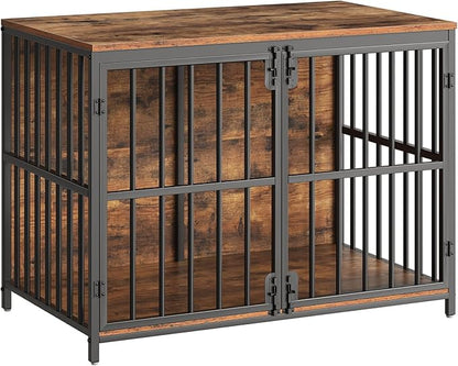 HOOBRO 38.6" Dog Crate Furniture, Wooden Dog Kennel Indoor, Chew-Resistant Heavy Duty Dog Cage for Small/Medium Dog, Decorative Side End Table, Rustic Brown and Black BF100GW03