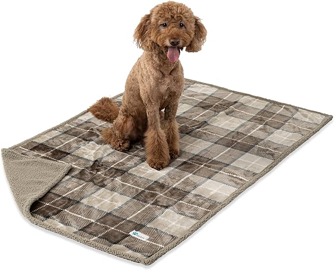 PetAmi WATERPROOF Dog Blanket For Bed, XL Dog Pet Blanket Couch Cover Protection, Sherpa Fleece Leakproof Bed Blanket for Crate Kennel Sofa Furniture Protector, Reversible Soft Plush 80x60 Plaid Taupe