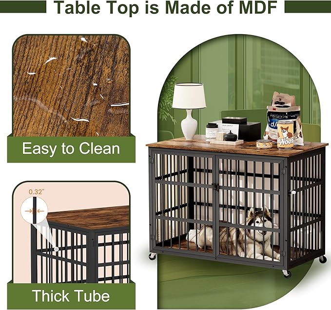 NicBex Dog Crate Furniture, 43.3" L With Double Doors, Wooden Indoor Kennel Flip-Top for Large Dogs, XL House, Rustic Brown