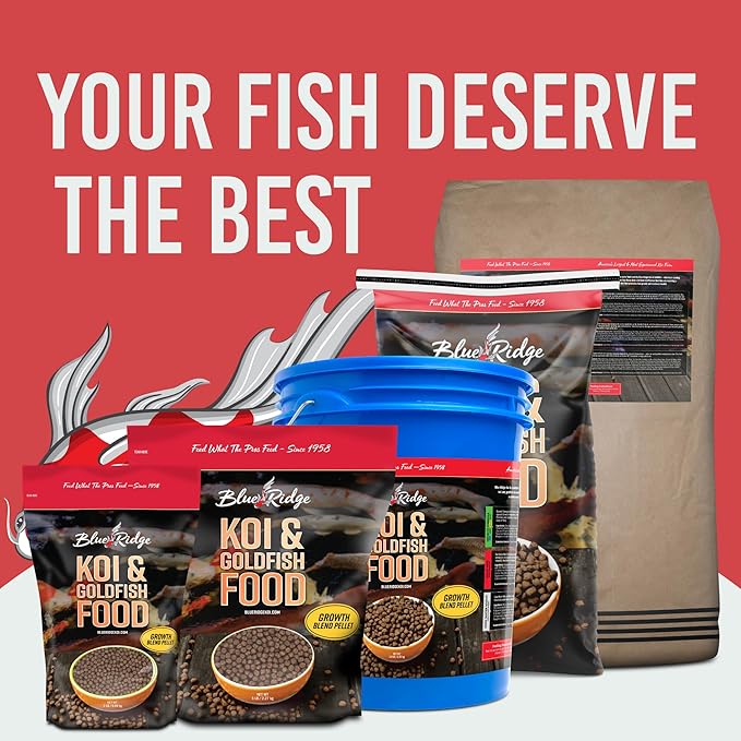 Blue Ridge Koi Fish Food 5lb - Koi Food 3/16” Large and Mini Blend Growth Formula, Goldfish Food, Premium Fish Food for Ponds, Ponds Fish Food, Floating Pond Pellets
