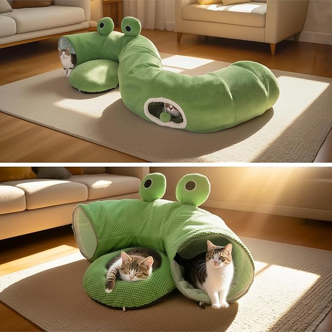 Cat Tunnel Bed for Indoor Cats, Peekaboo Cat Cave Bed,Soft Cat Donut Tunnel for Kitten Large Cats, Cute Frog Shaped