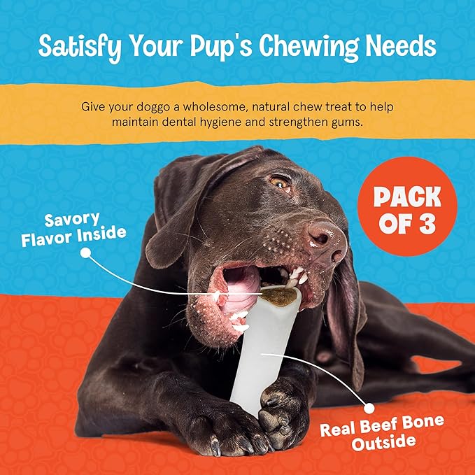 Peanut Butter Stuffed Dog Bones - 5-6 Inch Long Dog Treats - Natural Stuffed Dental Dog Bone Treats for Dogs - 3 Pack