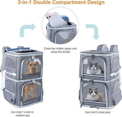 Double Cat Carrier for 2 Cats,Dog Backpack Carrier for Medium Dogs,Double Compartment Pet Carrier Backpack for Dual Pets,for Outdoor Traveling/Stroll and Picnic