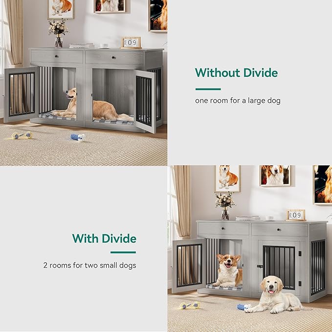 YITAHOME 60" Wooden Dog Crate Furniture with Removable Divider & Storage Drawers, Double Door Kennel with Locks for Medium and Large Dogs, Multi-Functional Dog Crate End Table for Indoor use, Grey