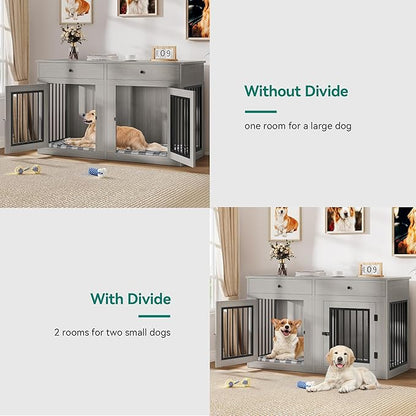 YITAHOME 60" Wooden Dog Crate Furniture with Removable Divider & Storage Drawers, Double Door Kennel with Locks for Medium and Large Dogs, Multi-Functional Dog Crate End Table for Indoor use, Grey