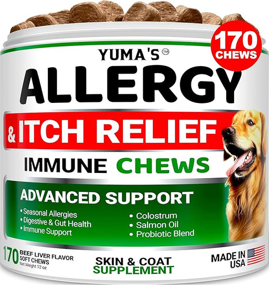 Dog Allergy Relief Chews - Dog Itching Skin Relief Treatment Pills - 170 Treats - Anti-Itch - Itchy and Paw Licking - Hot Spots - Omega 3 Fish Oil - Dry Skin & Coat Supplement - Beef Liver Flavor