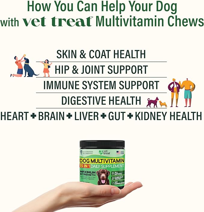 Dog Multivitamin Chewable with Glucosamine & Salmon Oil – Made USA – Puppy & Senior Supplement – 120 Chews– Daily Wellness Support for Joints, Immune System, Skin & Coat, Heart & Digestion