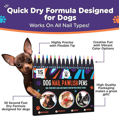 Dog Nail Polish Pens Quick Dry 15 Colors - Pet Nail Polish for Dogs or Cats, Easy Application Dog Safe Nail Polish, Fast Dry Dog Polish - Great Girl Dog Accessories, or a Puppy Nail Pawlish Set