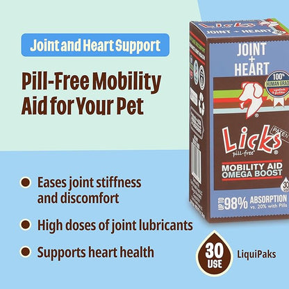Licks - Dog Joint + Heart Supplement - Omega 3 Fish Oil + Glucosamine - LiquiPaks - 30 Use