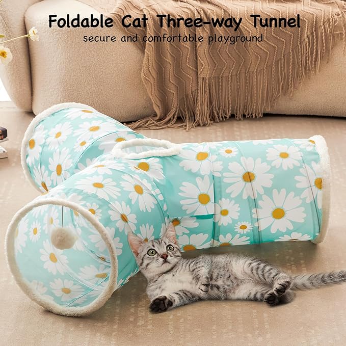 Tempcore Pet Cat Tunnel Tube Cat Toys 3 Way Collapsible, Cat Tunnels for Indoor Cats，Kitty Tunnel Bored Pet Toys Peek Hole Toy Ball, Puppy, Kitty, Kitten, Rabbit Daisy Blue Printed