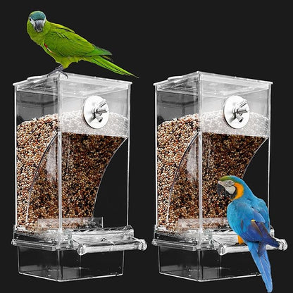 Automatic No Mess Bird Cage Feeder， 2Pack Acrylic Transparent Parrot Seed Feeders with Perch Parakeet Food Container Cage Accessories for Small and Medium Lovebirds Canary Cockatoo Cockatiel Finch