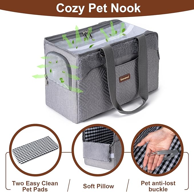 Cat Carrier Bag for Pets Up to 15 Lbs, Fully Open Mesh Roof, Side Vent & 3 Storage Pockets, Cat Dog Crate Travel Bag, Portable & Comfort Soft-Sided Dog Travel Bag, Grey