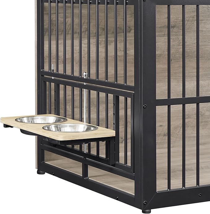 Dog Crate Furniture, 48 Inch Dog Kennel Furniture, Wooden _og Crate Furniture Large Breed with Rotating _og Bowls, Heavy Duty _og Cage Furniture Indoor,Decorative Dogs Crates End Table,Gray