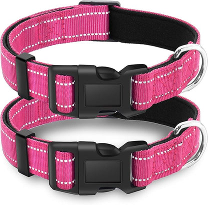 2 Pack Reflective Dog Collar with Safety Locking Buckle, Adjustable Soft Breathable Comfortable Nylon Pet Collar for Small, Medium and Large Dogs, Hotpink, L