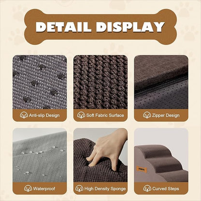 Romrol Dog Stairs Ramp for Beds Couches, Extra Wide Pet Steps with Durable Non-Slip Waterproof Fabric Cover, Pets Slope Stairs, 3-Tiers,Coffee