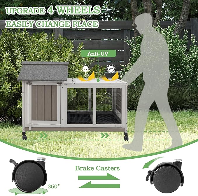 38.19"L Rabbit Hutch Indoor and Outdoor with 4 Wheels,Wooden Rabbit Cage with Pull Out Leak-Proof Tray for 1-2 Rabbits,Bunny Hutch with Asphalt Roof Suitable for Garden,Park,Living Room,Grey