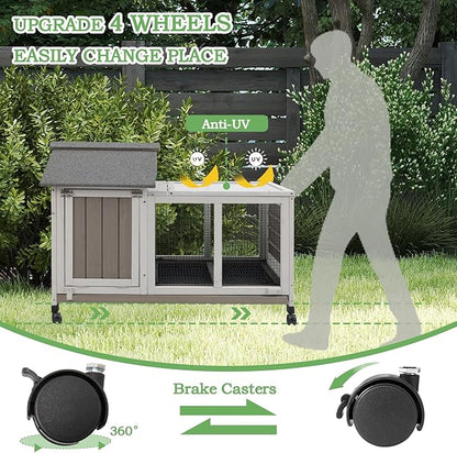 38.19"L Rabbit Hutch Indoor and Outdoor with 4 Wheels,Wooden Rabbit Cage with Pull Out Leak-Proof Tray for 1-2 Rabbits,Bunny Hutch with Asphalt Roof Suitable for Garden,Park,Living Room,Grey
