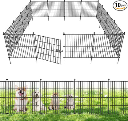10 Panels No Dig Decorative Outdoor Garden Fence with Gate for Yard, 24 in(H) X 20 ft(L) Animal Barrier Fencing Rustproof Metal Wire Panel Border for Dog, Rabbits, and Patio Temporary Ground Stakes