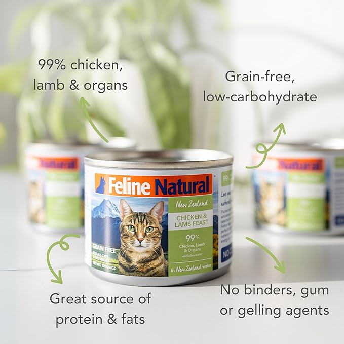 Feline Natural Wet Cat Food Pate, Chicken & Lamb Feast, 6 Oz Cans (Pack of 12), Grain Free, Made in New Zealand with Cage-Free Chicken and Grass-Fed, Free-Range Lamb