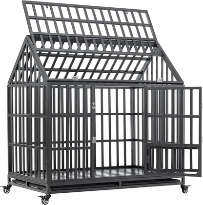 Goohome 47.24 Inch Heavy Duty Dog Crate Cage Kennel with Wheels, High Anxiety Indestructible, Sturdy Locks Design, Extra Large Crate Indoor for Large Dog with Roof & Window on Roof