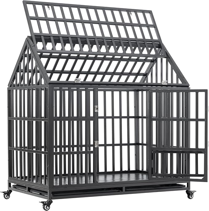 48" Metal Dog Cage with 4 Lockable Casters, Heavy Duty Inoor Dog Kennel with Doors and Roof for Large or Medium Dogs, Black