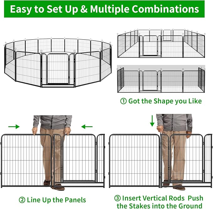 Dog Playpen Outdoor Extra Wide 16 Panels Heavy Duty Dog Fence 32" Height Anti-Rust with Doors Portable for RV Camping Yard, Total 42FT, 140 Sq.ft, Snowy Black