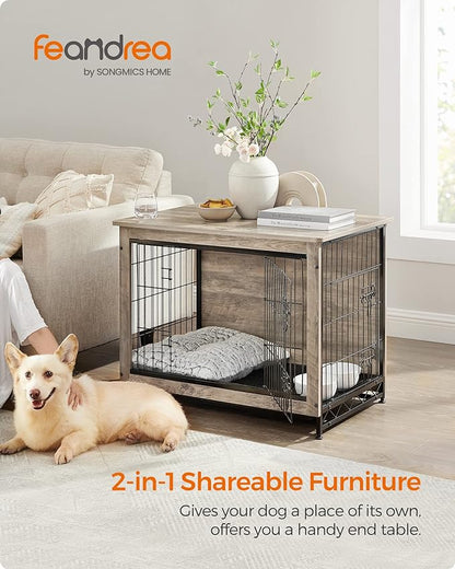 Feandrea Dog Crate Furniture, 32.5" Side End Table, Modern Kennel for Dogs Indoor up to 45 lb, Heavy-Duty Dog Cage with Multi-Purpose Removable Tray, Double-Door Dog House, Greige UPFC002G01