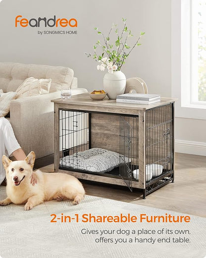 Feandrea Dog Crate Furniture, 32.5" Side End Table, Modern Kennel for Dogs Indoor up to 45 lb, Heavy-Duty Dog Cage with Multi-Purpose Removable Tray, Double-Door Dog House, Greige UPFC002G01