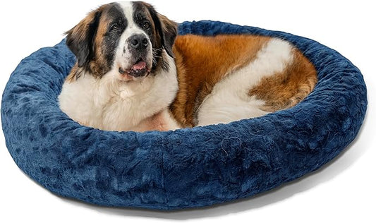 Best Friends by Sheri Original Calming Donut Dog and Cat Bed, Lux Faux Fur, Navy Blue, XL (45in x 45in) - Anxiety Relief for Pets Up to 150 lbs
