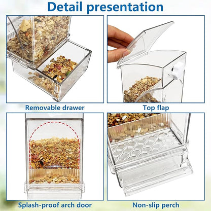Hamiledyi No Mess Bird Feeders Water Dispenser Set Automatic Parakeet Cage Feeder with Perch Transparent Acrylic Container Parrot Cage Accessories for Canary Budgie Lovebirds Finches