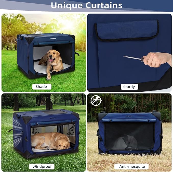 Pettycare 42 Inch Collapsible Dog Crate with Curtains Travel Dog Crate for Airflow and Calm Soft Pet Kennel with Portable Bag and More Chew Proof Mesh Indoor & Outdoor Navy Blue 4 Door Curtains