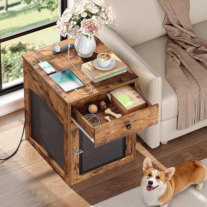 HOOBRO Dog Crate Furniture, Dog Kennel with Drawer and Charging Station, Indoor Decorative Puppy House, Wooden Pet Crate End Table for Small Dogs, Rustic Brown and Black BF58UGW03G1