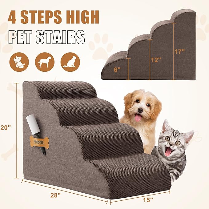 ROMROL Dog Stairs, Romrol Dog Steps Ramp for High Bed and Couch, Dog Ramp with Durable Non-Slip Waterproof Fabric Cover, Pet Stairs for Small Dogs and Cats or Pets Joints, 4-Tiers,Coffee