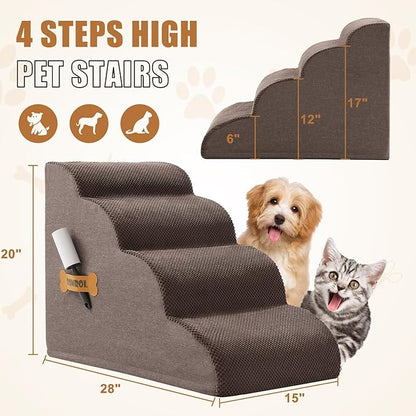 ROMROL Dog Stairs, Romrol Dog Steps Ramp for High Bed and Couch, Dog Ramp with Durable Non-Slip Waterproof Fabric Cover, Pet Stairs for Small Dogs and Cats or Pets Joints, 4-Tiers,Coffee