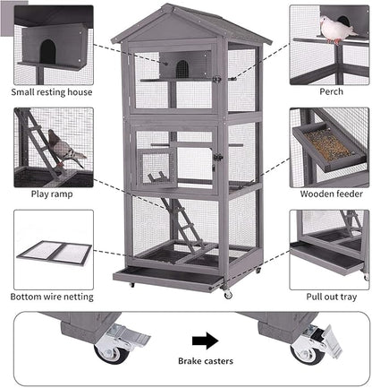 Aivituvin Outdoor Bird Cage Large Wooden Bird Aviary with Perch for Parakeet,Macaw and Any Small Birds,Wire Netting Above The Tray,Prevent Escape