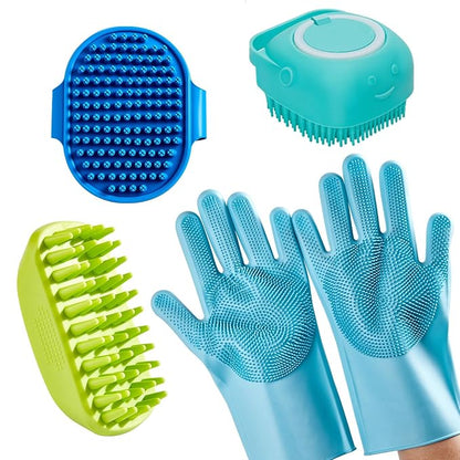 4-Piece Rubber Pet Grooming Kit for Dogs and Cats - Gentle Deshedding Brush & Massage Gloves, Suitable for Short & Long Hair, Bathing and Shedding Toolï¼3 * Blue+Greenï¼