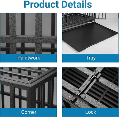 48 Inch Heavy Duty Dog Crate Kennel with Wheels, High Anxiety Indestructible Dog Crates for Large Dogs, XL XXL Extra Large Dog Crate with Removable Dog Cage Tray, Two Locks (Black, Square)