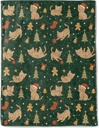 Cute Cat Christmas Decorative Throw Blanket, Kitten Gingerbread Tree Bell Print Decoration, Soft Flannel Winter Blankets for Couch Bed Sofa, Holiday Home Decor, Xmas Festival Gifts 50x60 Inch