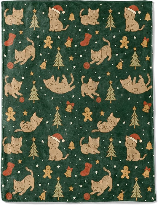 Cute Cat Christmas Decorative Throw Blanket, Kitten Gingerbread Tree Bell Print Decoration, Soft Flannel Winter Blankets for Couch Bed Sofa, Holiday Home Decor, Xmas Festival Gifts 50x60 Inch